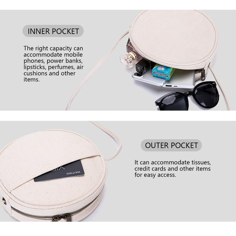 YONBEN Circle Crossbody Bag for Women - Cotton Canvas Circle Purse with Zipper,Adjustable Knot Shoulder Straps - Image 4